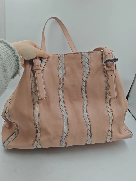 Bottega Veneta Handbags - Bottega Veneta pink leather suede tote with Intrecciato woven stripe